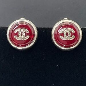 Chanel Silver and Red Gripore Clip Earrings
